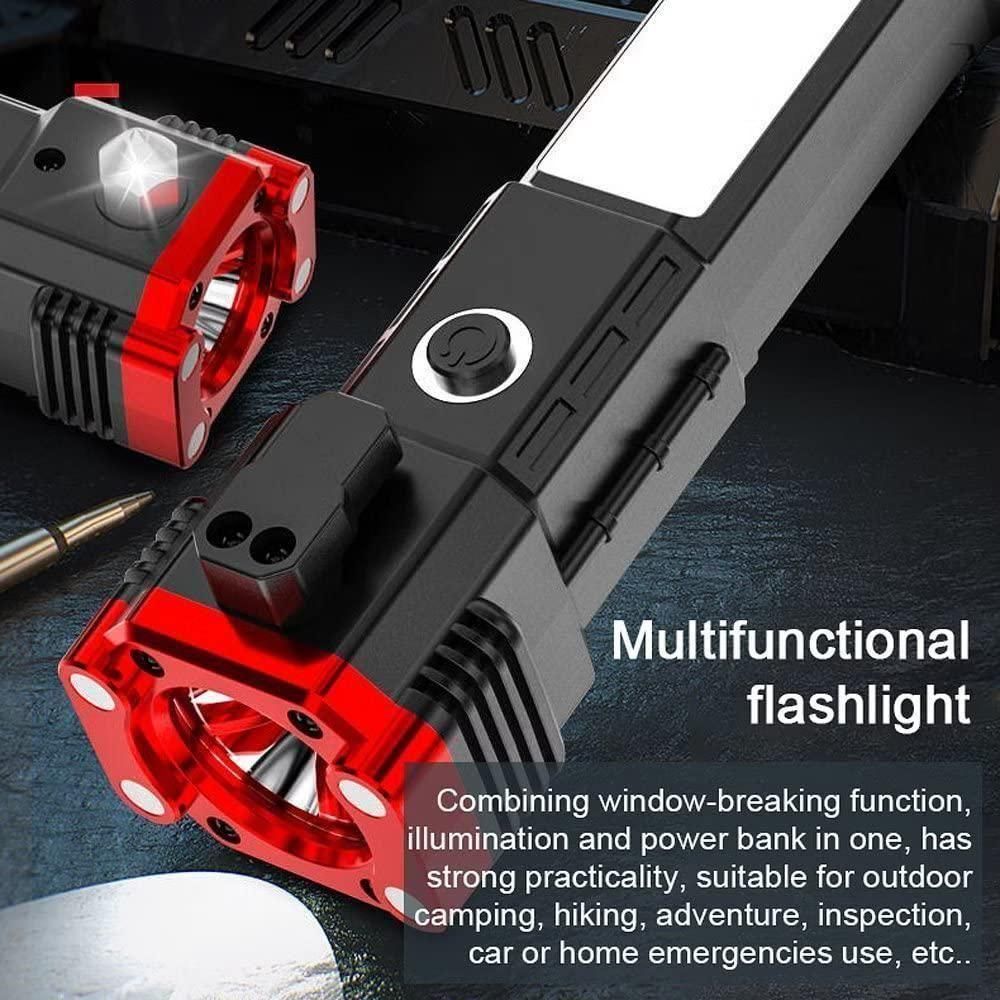 Portable Rechargeable LED Flashlight with Safety Hammer, Power Bank & Magnet Base