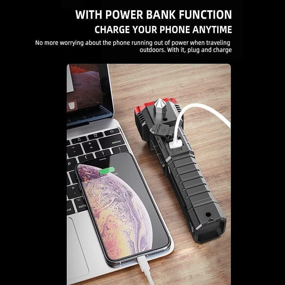 Portable Rechargeable LED Flashlight with Safety Hammer, Power Bank & Magnet Base