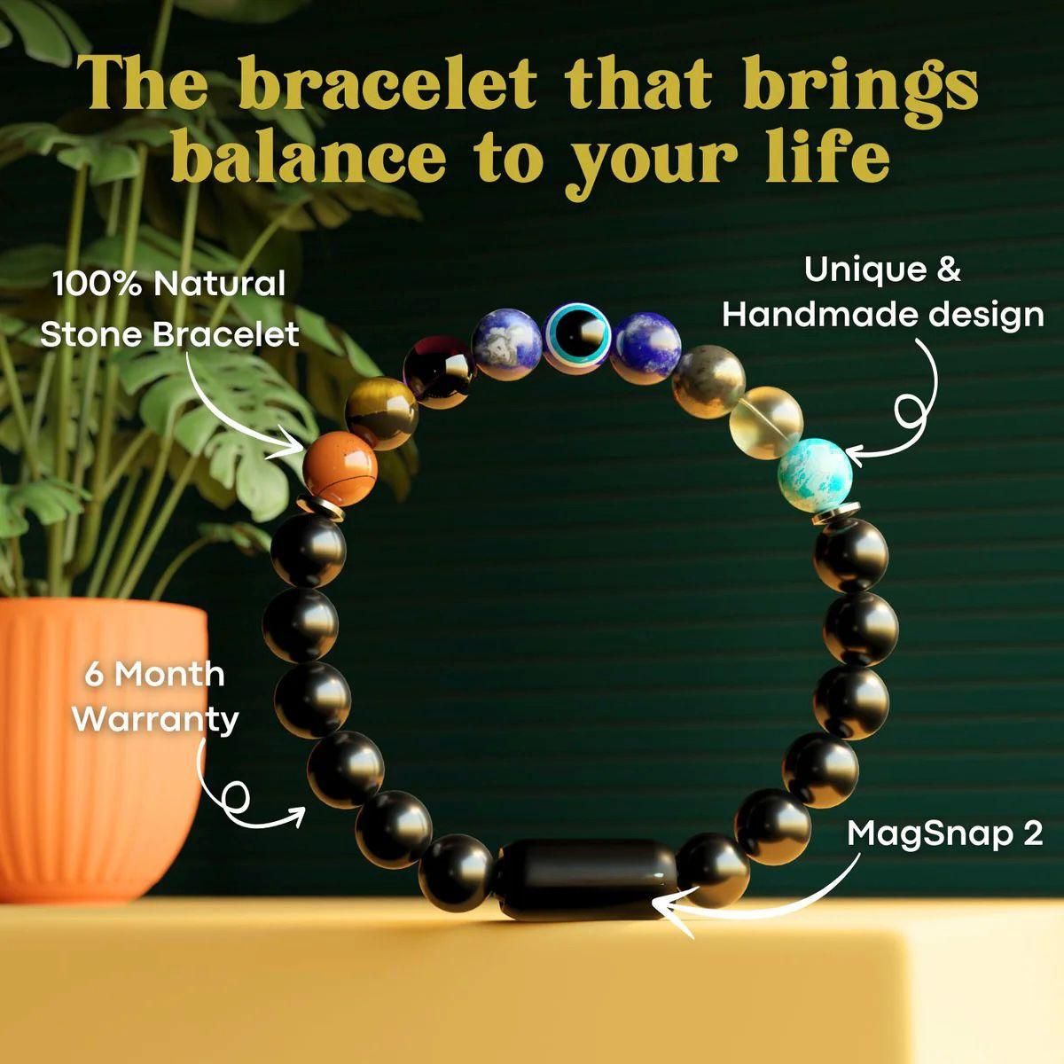 Natural Stone Energy Bracelet with 9 Chakra Beads | Unisex Stretchable Fit