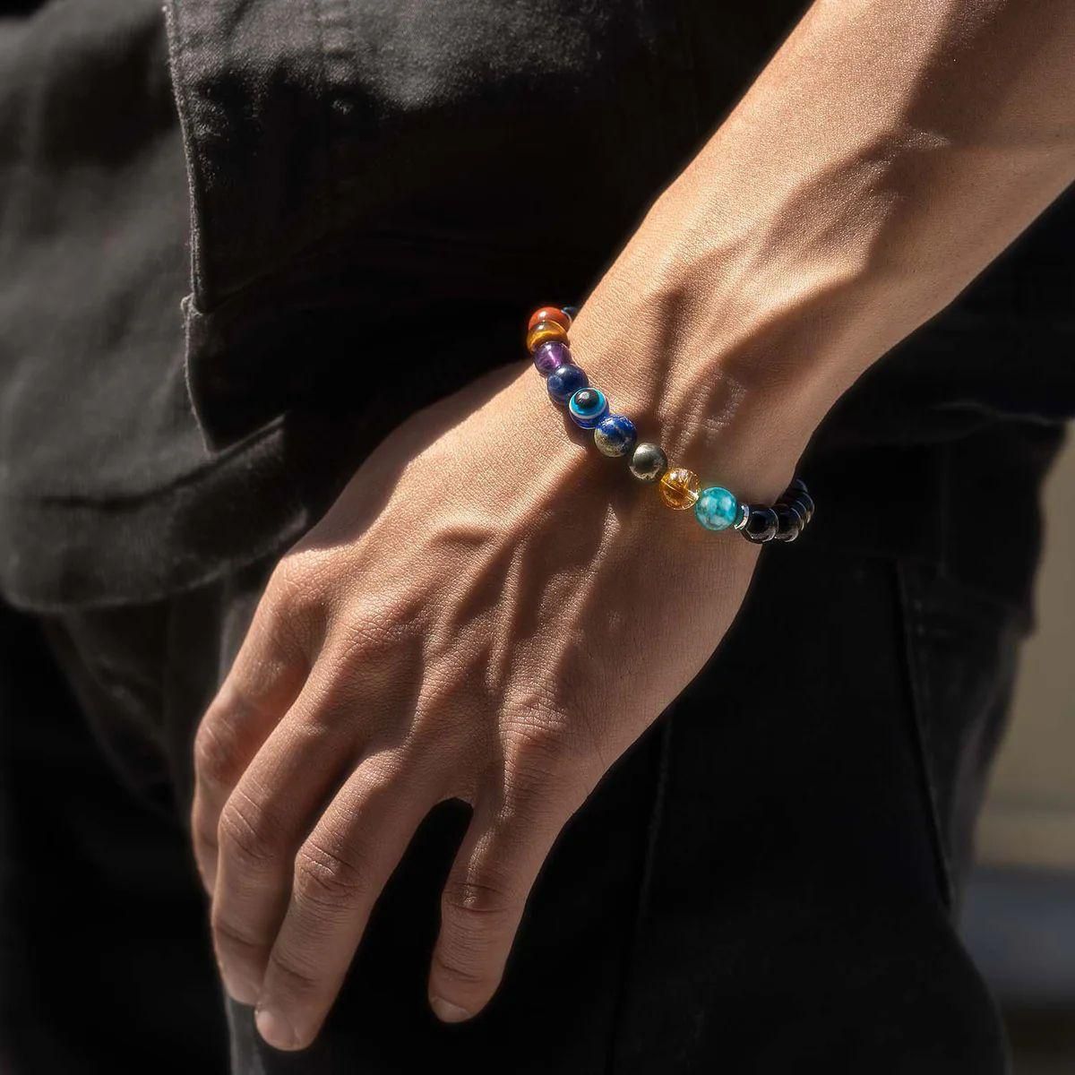 Natural Stone Energy Bracelet with 9 Chakra Beads | Unisex Stretchable Fit