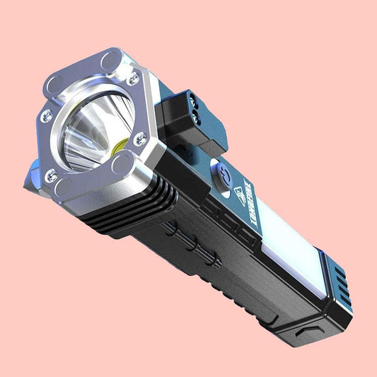Portable Rechargeable LED Flashlight with Safety Hammer, Power Bank & Magnet Base