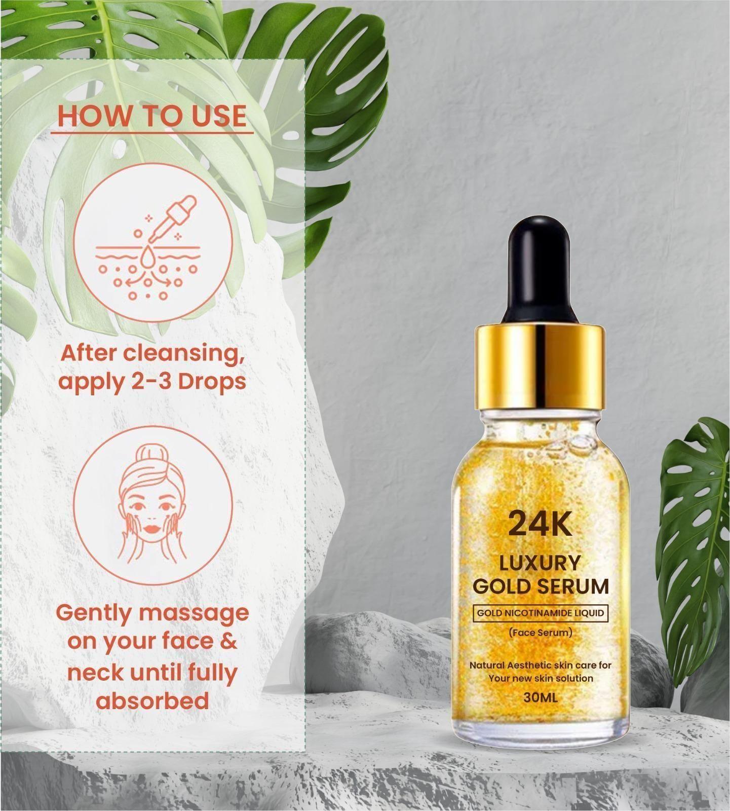 24K Gold Face Serum – Improves Dullness & Reduces Fine Lines (30ml x 2, Pack of 3)