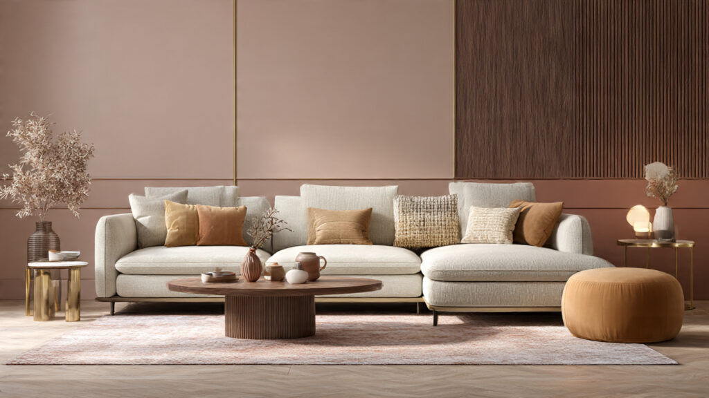 modern living room with stylish sofa set, wooden coffee table, home decor elements, minimal Scandinavian design, soft warm lighting, premium textures, clean background, luxury yet affordable furniture look, e-commerce banner style, wide aspect ratio, 4K